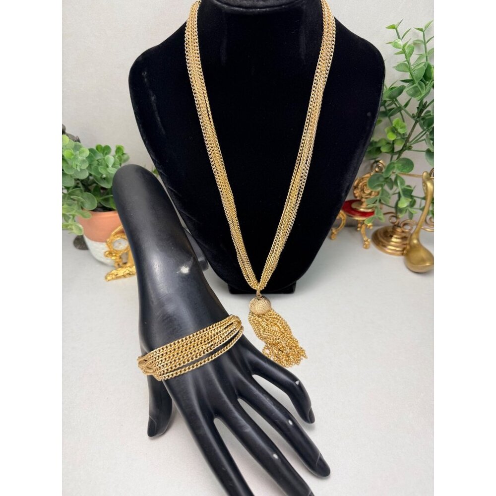 Stunning Sarah Cov Gold Tone Multi Chain Tassel Necklace & Bracelet Set Vintage
